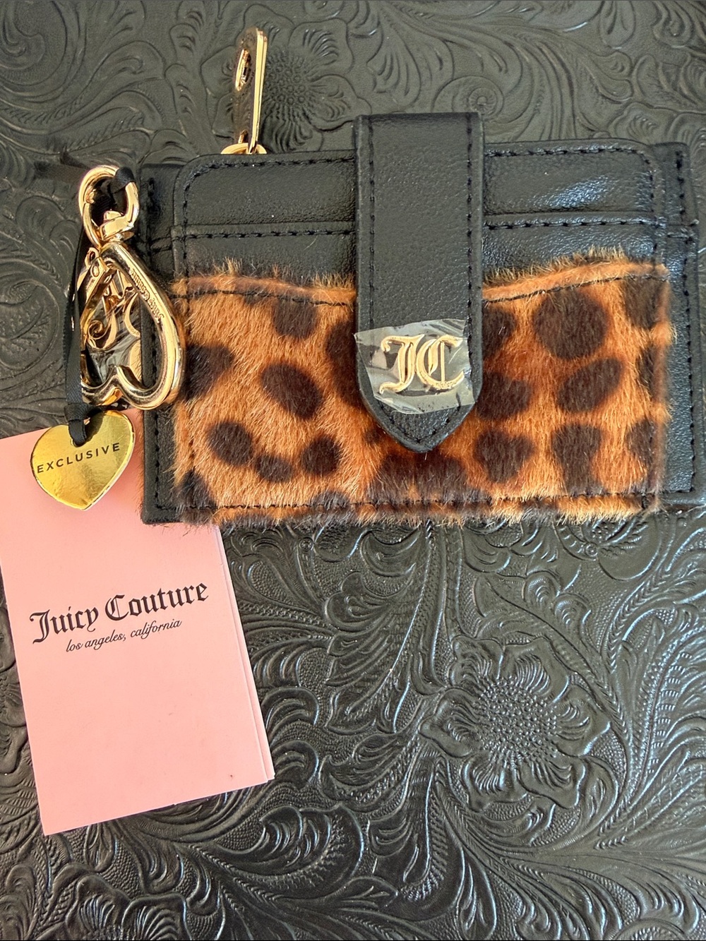Juicy Couture Black Leather & Leopard Print Card Holder with Gold Heart Charm